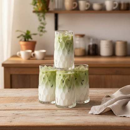 Set of six diamond textured rhombus glass cups for hot and cold drinks.