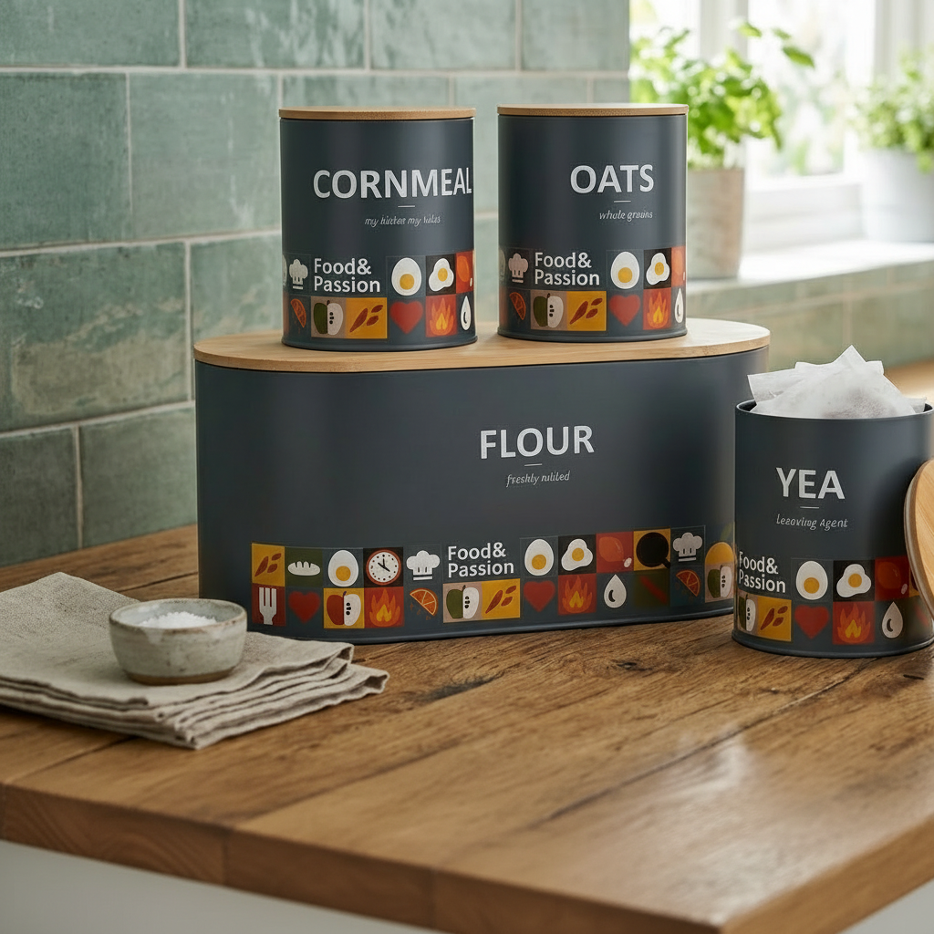 Elegant alloy bread storage bin with matching 3 piece canister set for stylish kitchen organization and food storage