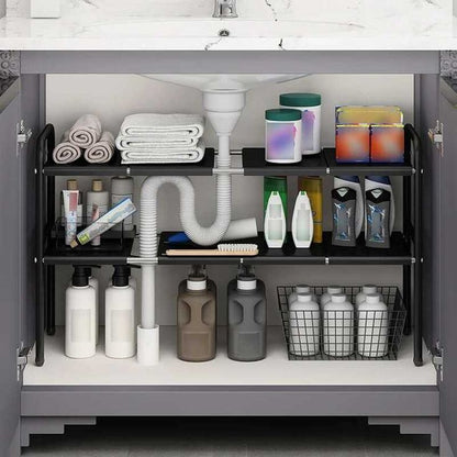 2 layer expandable under sink storage rack in black stainless steel, kitchen and bathroom organizer. 🗄️✨