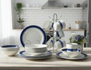 18-piece Blue rim ceramic dinner set with plates, bowls, and cups.