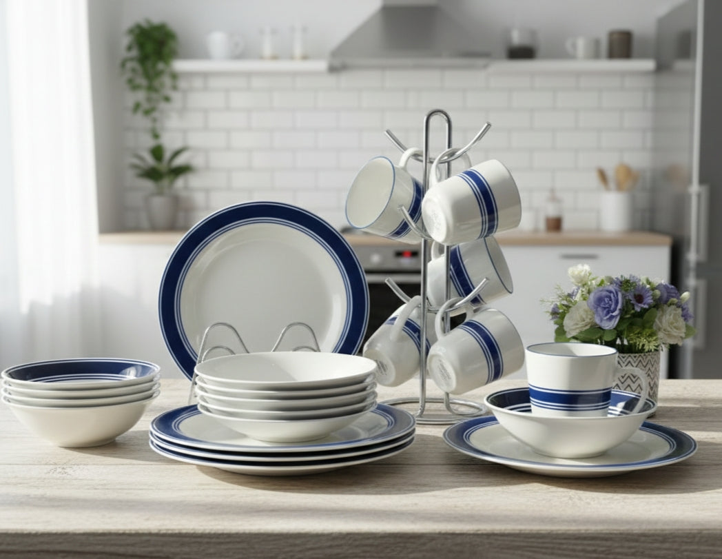 18-piece Blue rim ceramic dinner set with plates, bowls, and cups.