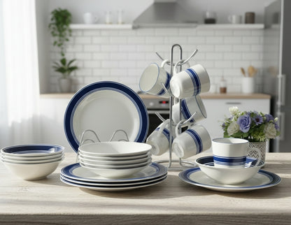 18-piece Blue rim ceramic dinner set with plates, bowls, and cups.