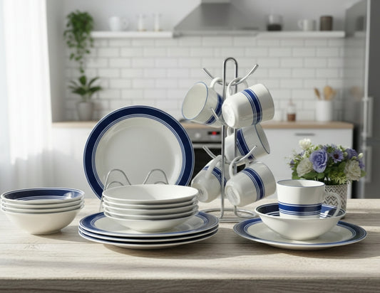 18-piece Blue rim ceramic dinner set with plates, bowls, and cups.
