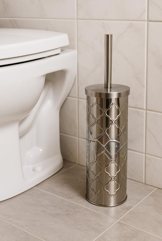 Metallic 2-in-1 toilet brush set with decorative pattern for bathroom.