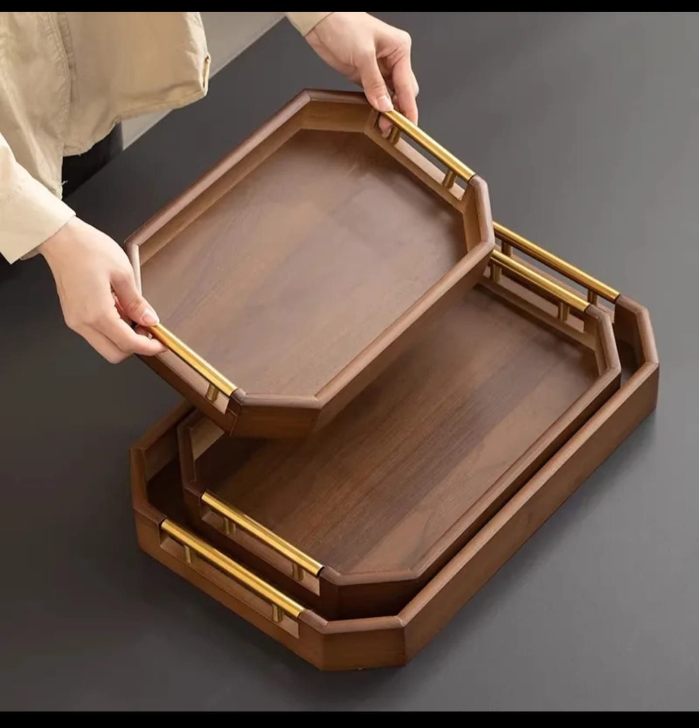 Modern rectangular bamboo serving tray with custom metal handles, multifunctional for serving food or home décor.