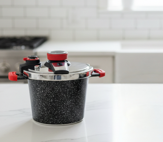 6L Granite-coated pressure cooker, explosion-proof and compatible with gas and induction stoves.