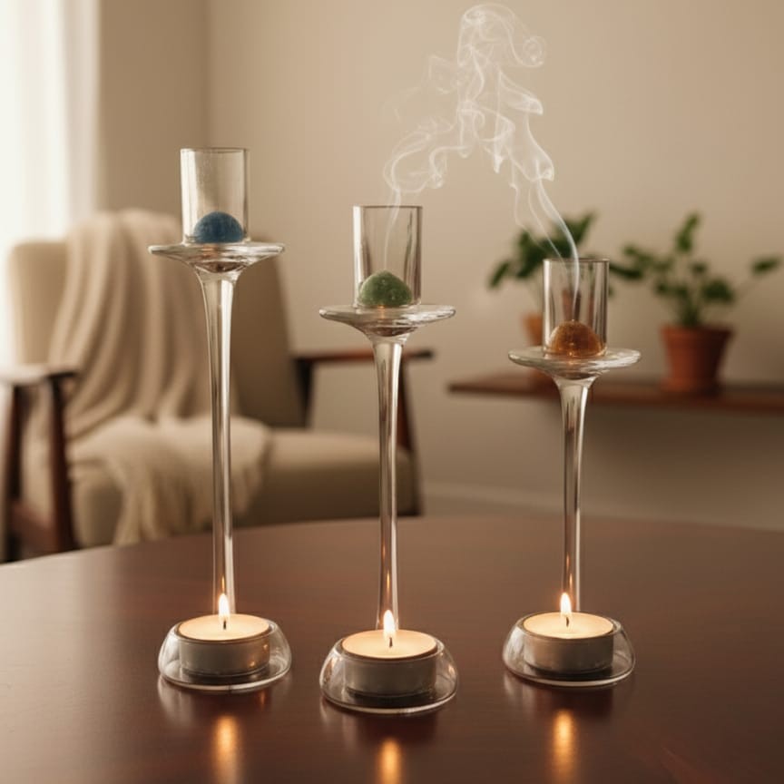 Set of three clear glass candle holders in different sizes

