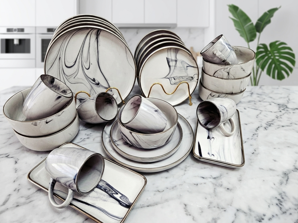 26-Piece marble grey dinner set with modern design for dining table