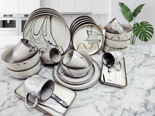 26-Piece marble grey dinner set with modern design for dining table