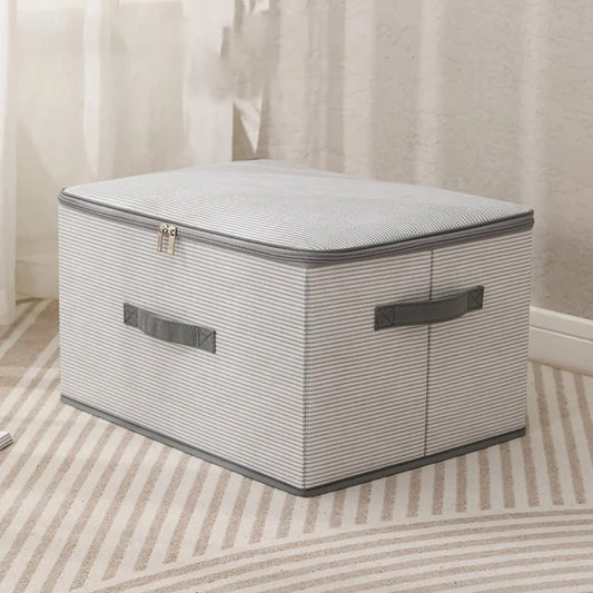 Large collapsible zipper storage box in grey and beige stripes for wardrobe and toy organization