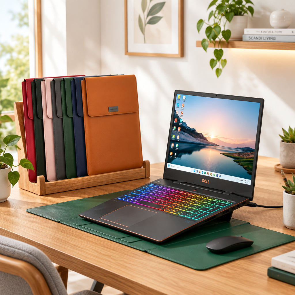 3 in 1 laptop sleeve and stand made of artificial leather with plush lining in multiple colors