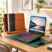 3 in 1 laptop sleeve and stand made of artificial leather with plush lining in multiple colors