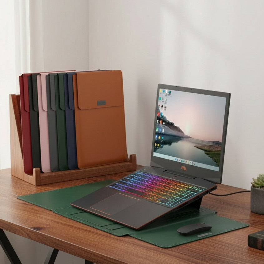 3 in 1 laptop sleeve and stand made of artificial leather with plush lining in multiple colors