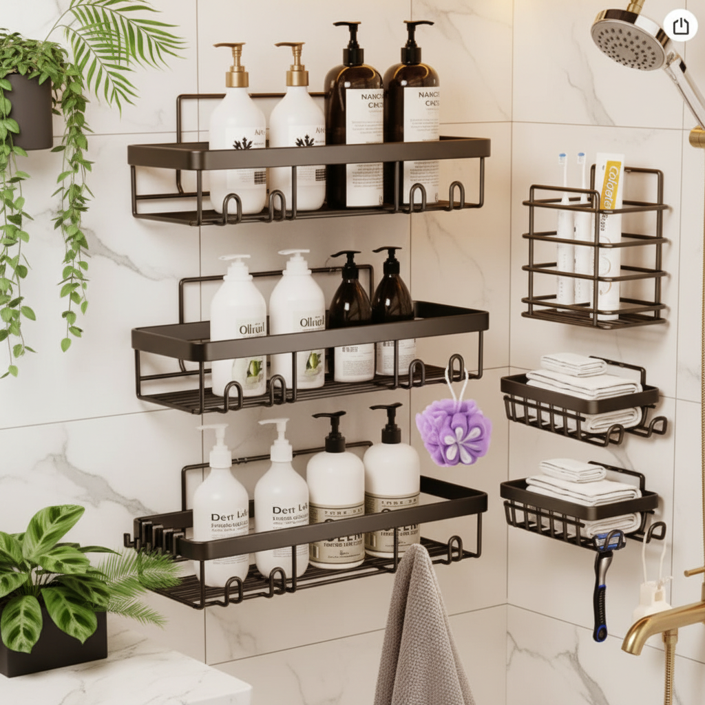 6 piece rustproof adhesive shower caddy bathroom organizer set for wall mounting