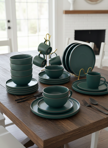Emerald green 24-piece dinner set with cups, bowls, side plates, and plates.