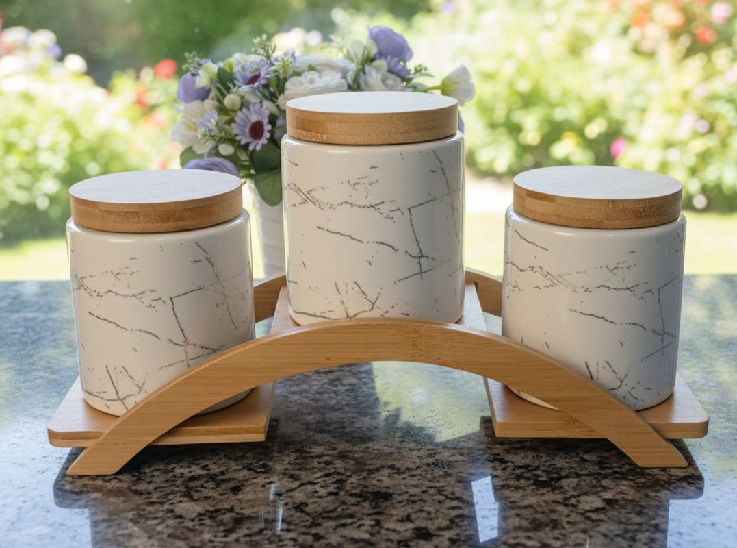 3Pcs Ceramic Canisters Set With Bamboo Stand