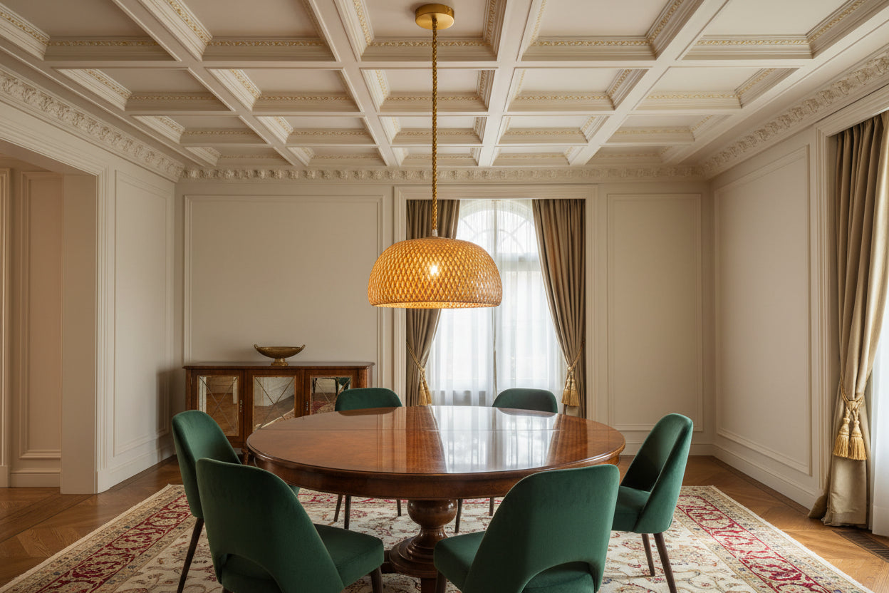 Large wood color bamboo pendant light with E27 holder, natural wide ceiling hanging lamp for modern interiors