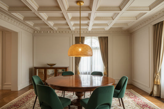 Large wood color bamboo pendant light with E27 holder, natural wide ceiling hanging lamp for modern interiors