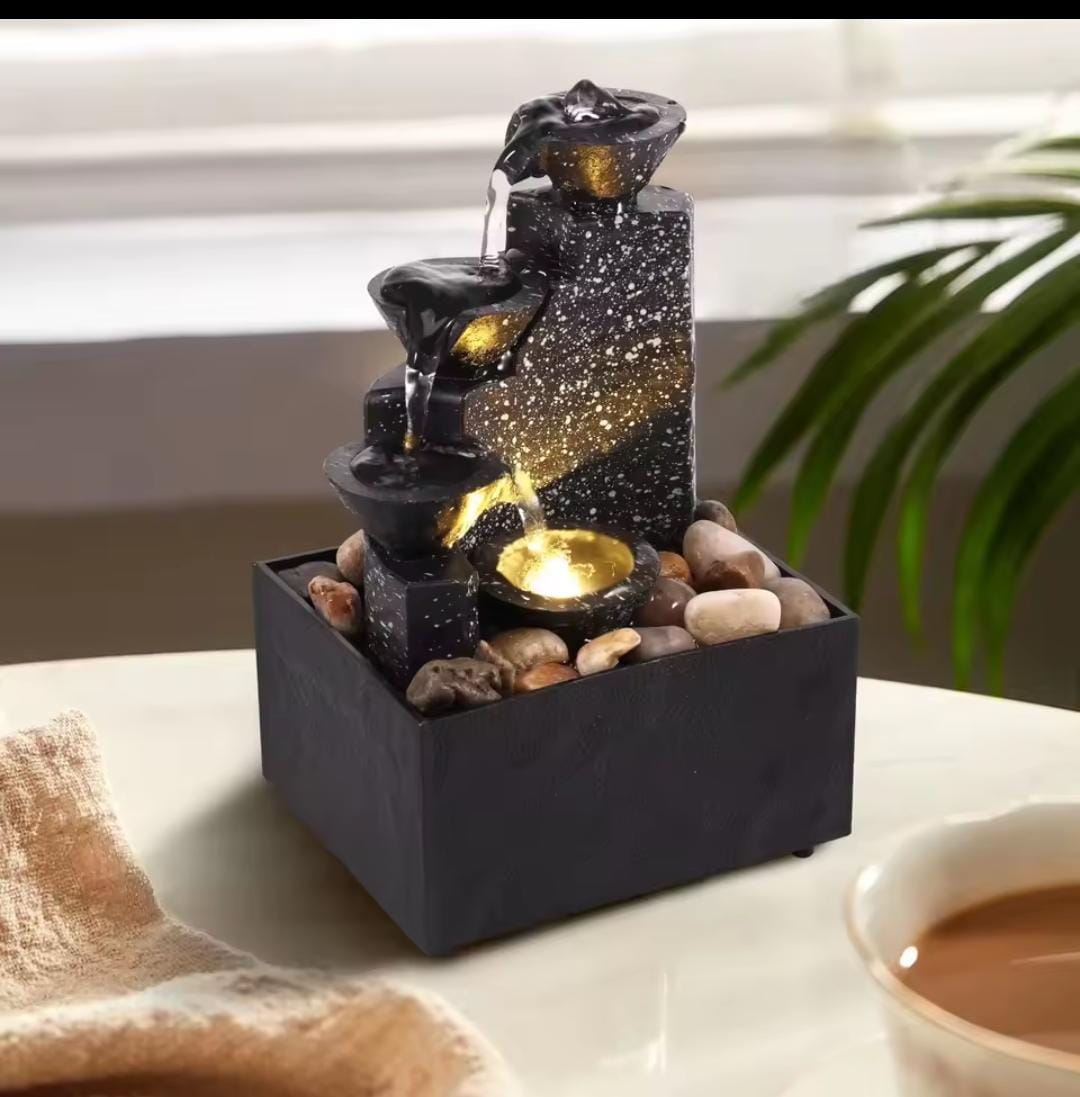 Three storey tabletop waterfall ornament with LED lights and USB or battery power supply