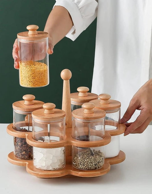 6 in 1 Rotating spice rack with seasoning jars spoons and bamboo stand for organized kitchen storage