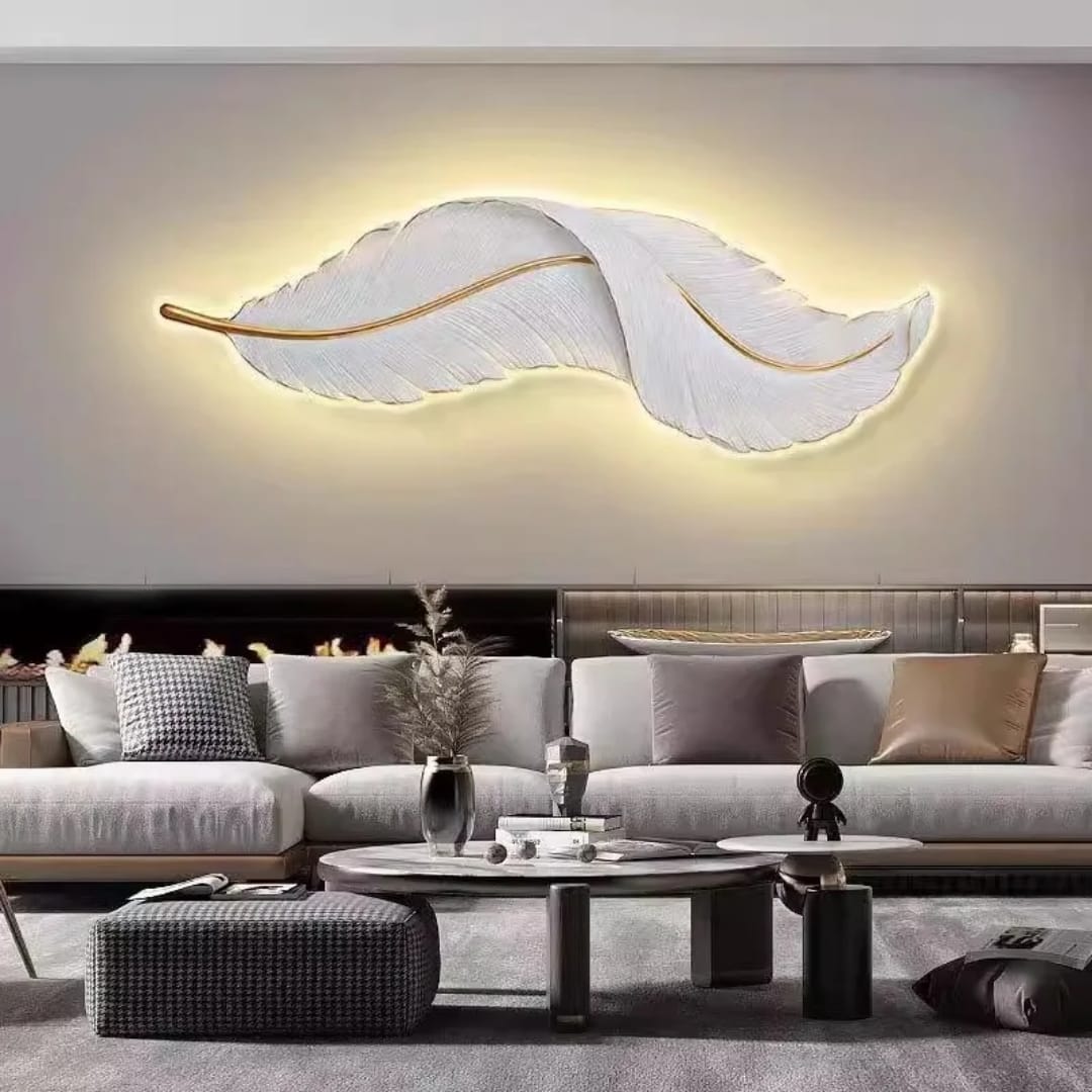 White Nordic feather wall art with built-in back lights for modern home décor