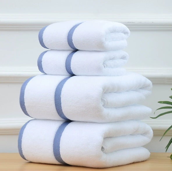 Three piece premium towel set including one 140 x 70cm bath towel and two 75 x 35cm towels in displayed color