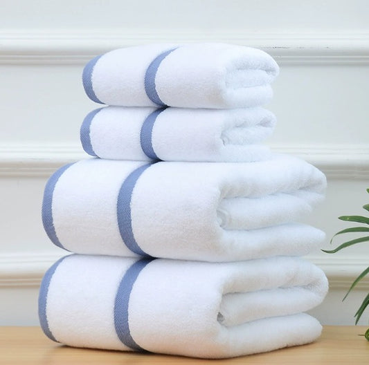 Three piece premium towel set including one 140 x 70cm bath towel and two 75 x 35cm towels in displayed color
