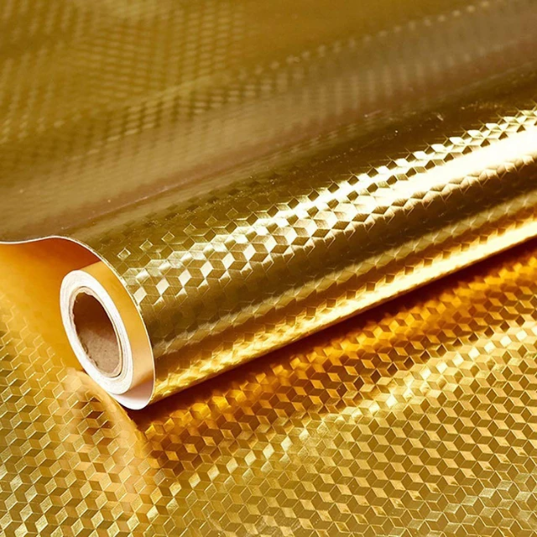 Gold aluminum foil kitchen table top liner, self-adhesive waterproof covering 60 by 500 cm for countertops and cabinets. 