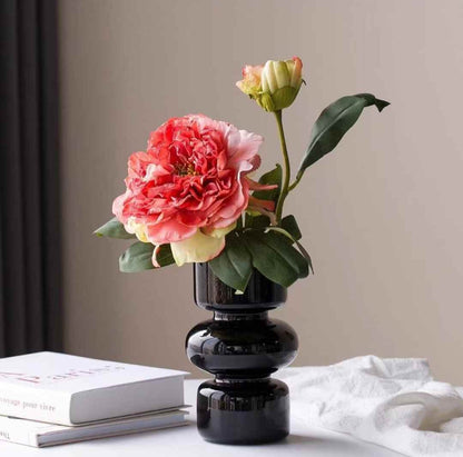 Circular mid glass vase in black and clear