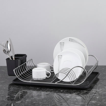 Single layer dish rack for kitchen countertop dish drying and organization