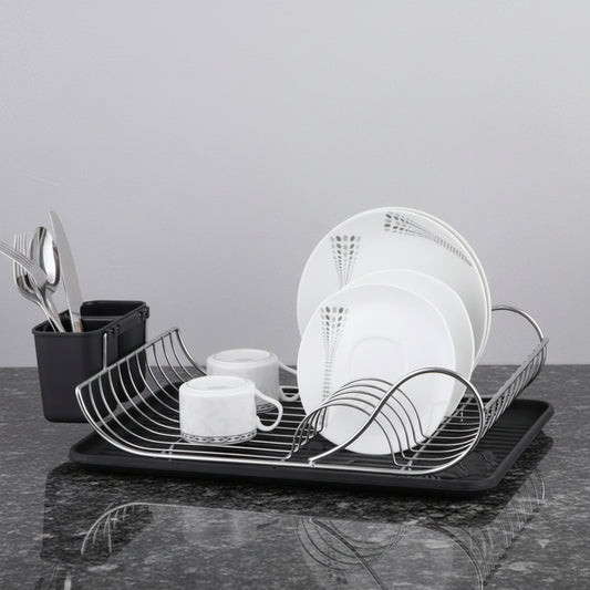 Single layer dish rack for kitchen countertop dish drying and organization