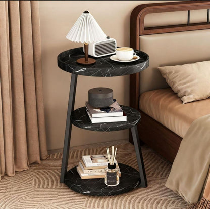 3-Tier Black side table with wood top and metal frame for small spaces