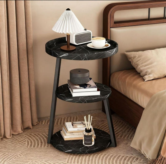 3-Tier Black side table with wood top and metal frame for small spaces