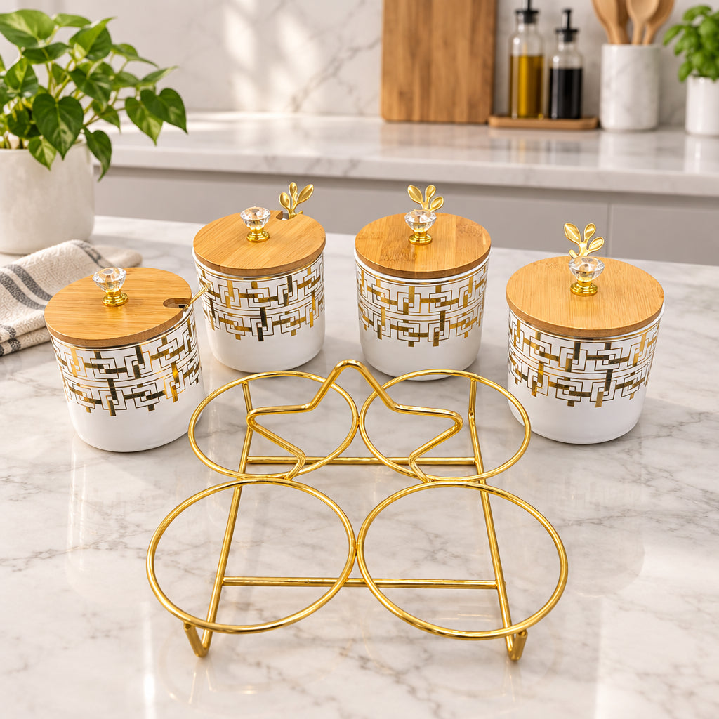 4 Piece Ceramic Canister Set with Gold Stand and Bamboo Lids