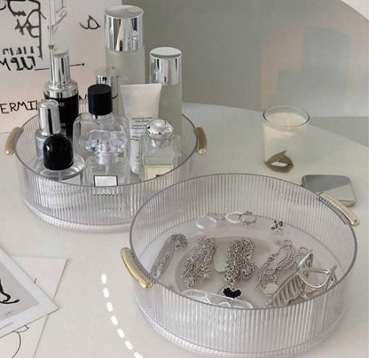 Ribbed acrylic rotating organizer with gold handles