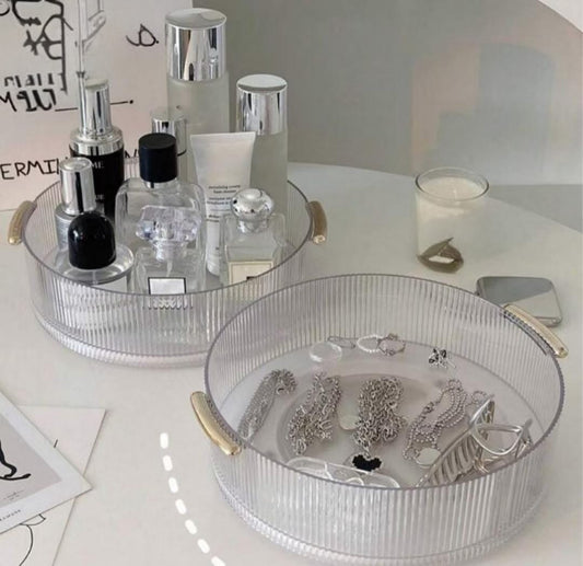 Ribbed acrylic rotating organizer with gold handles