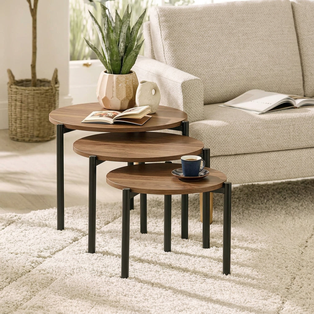 3 piece oblong nesting tables with dark walnut wood finish and black metal legs - available in Nairobi, Kenya