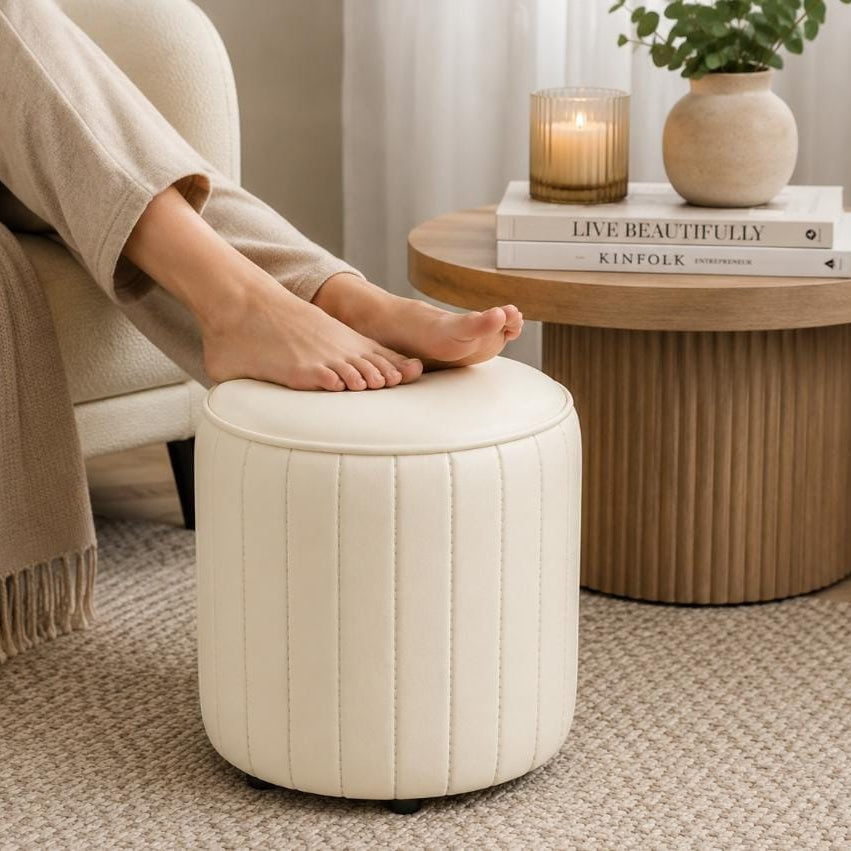30 cm round PU leather multipurpose footstool for vanity, entryway, living room, dining, and decorative seating.