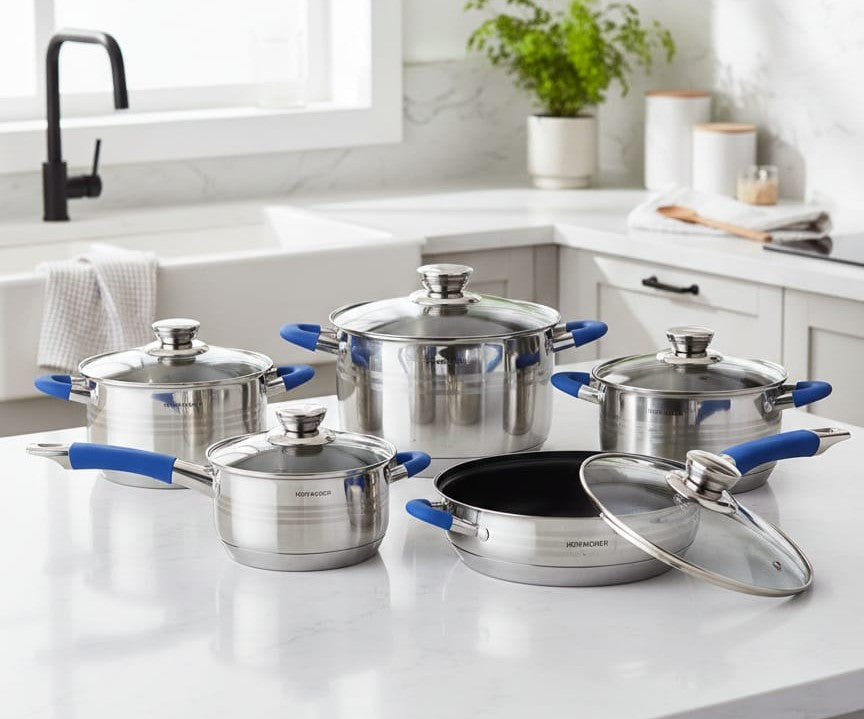 Hoffavorer 12-piece stainless steel cookware set with blue and red silicone handles, non-stick and induction-ready