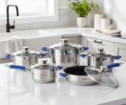 Hoffavorer 12-piece stainless steel cookware set with blue and red silicone handles, non-stick and induction-ready