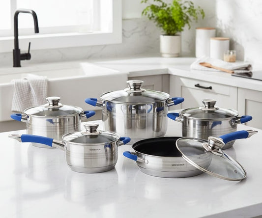 Hoffavorer 12-piece stainless steel cookware set with blue and red silicone handles, non-stick and induction-ready