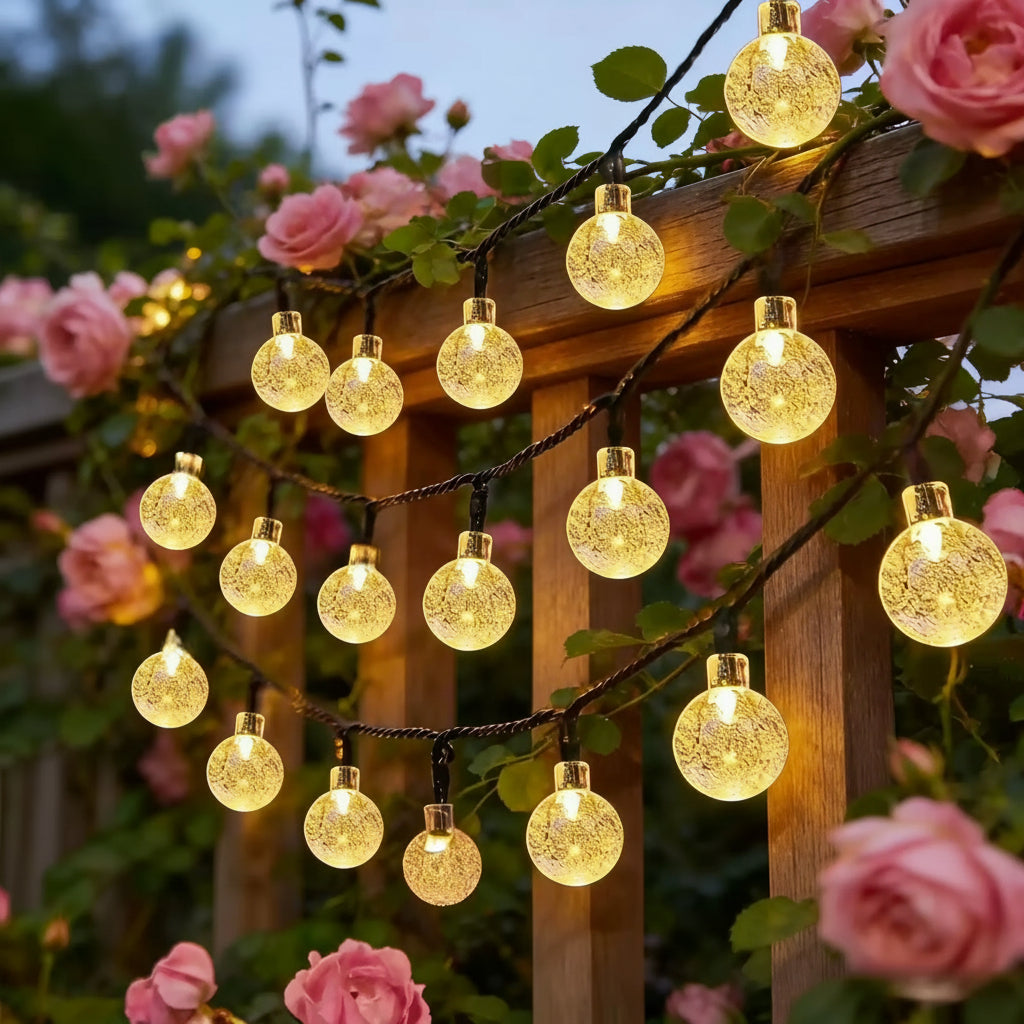 12M solar powered outdoor string lights with 100 crystal globe LED balls.