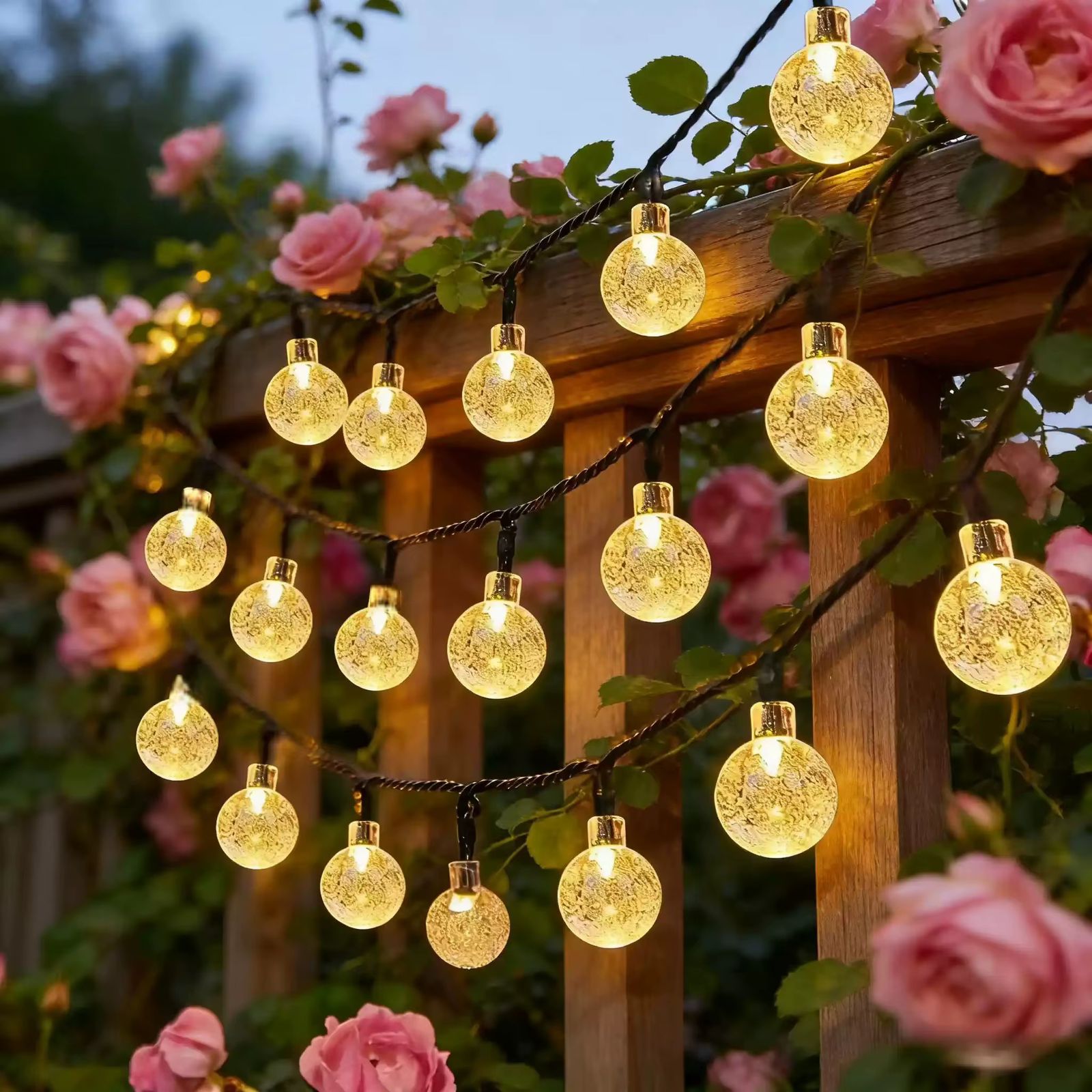 12M solar powered outdoor string lights with 100 crystal globe LED balls.