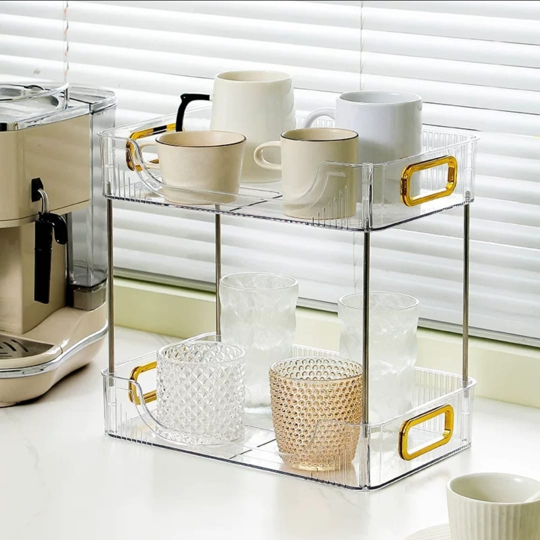 2 Layer gold organizer with clear and green trays for cosmetics and jewelry storage