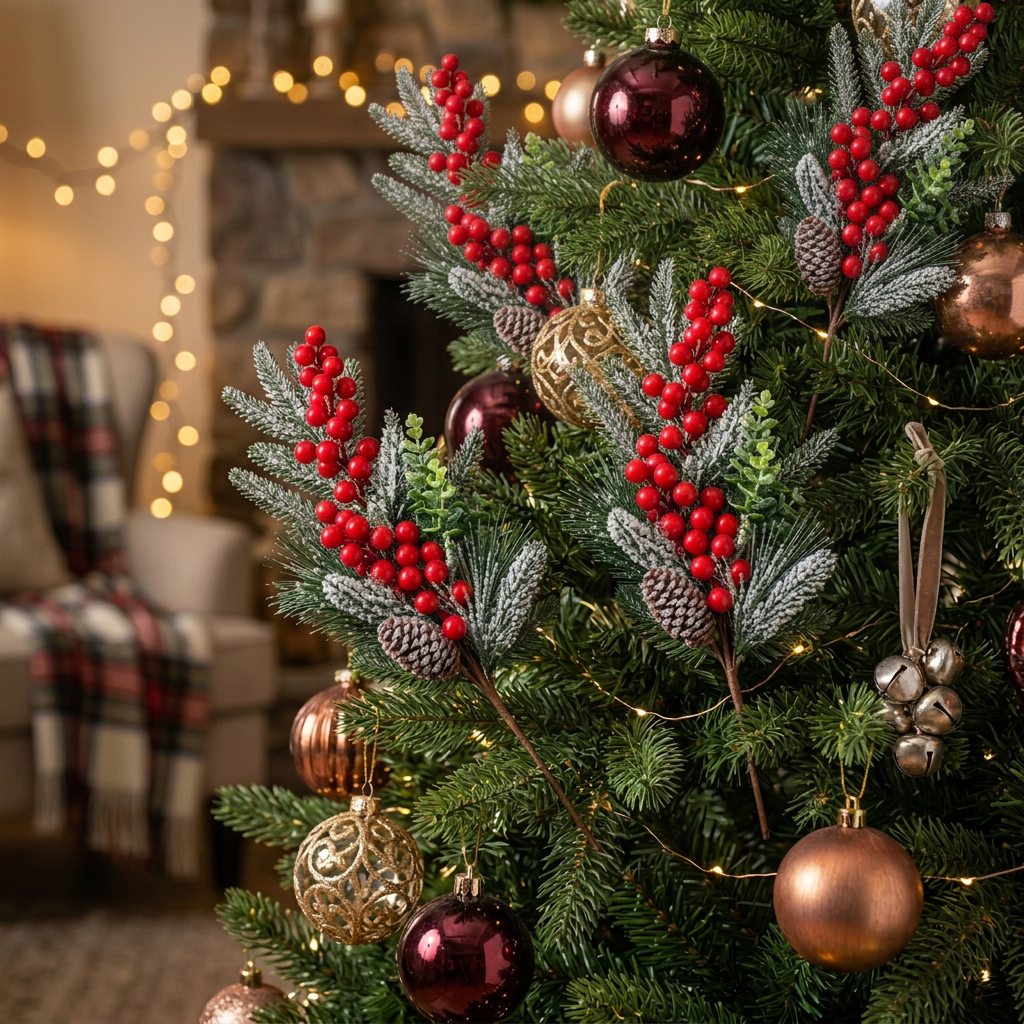 2Pcs 35cm Frosted Christmas Berry Spray with Pinecone