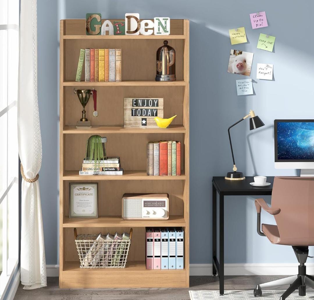 EKRON 5-tier engineered wood open bookcase and storage cabinet for books, décor, and household items