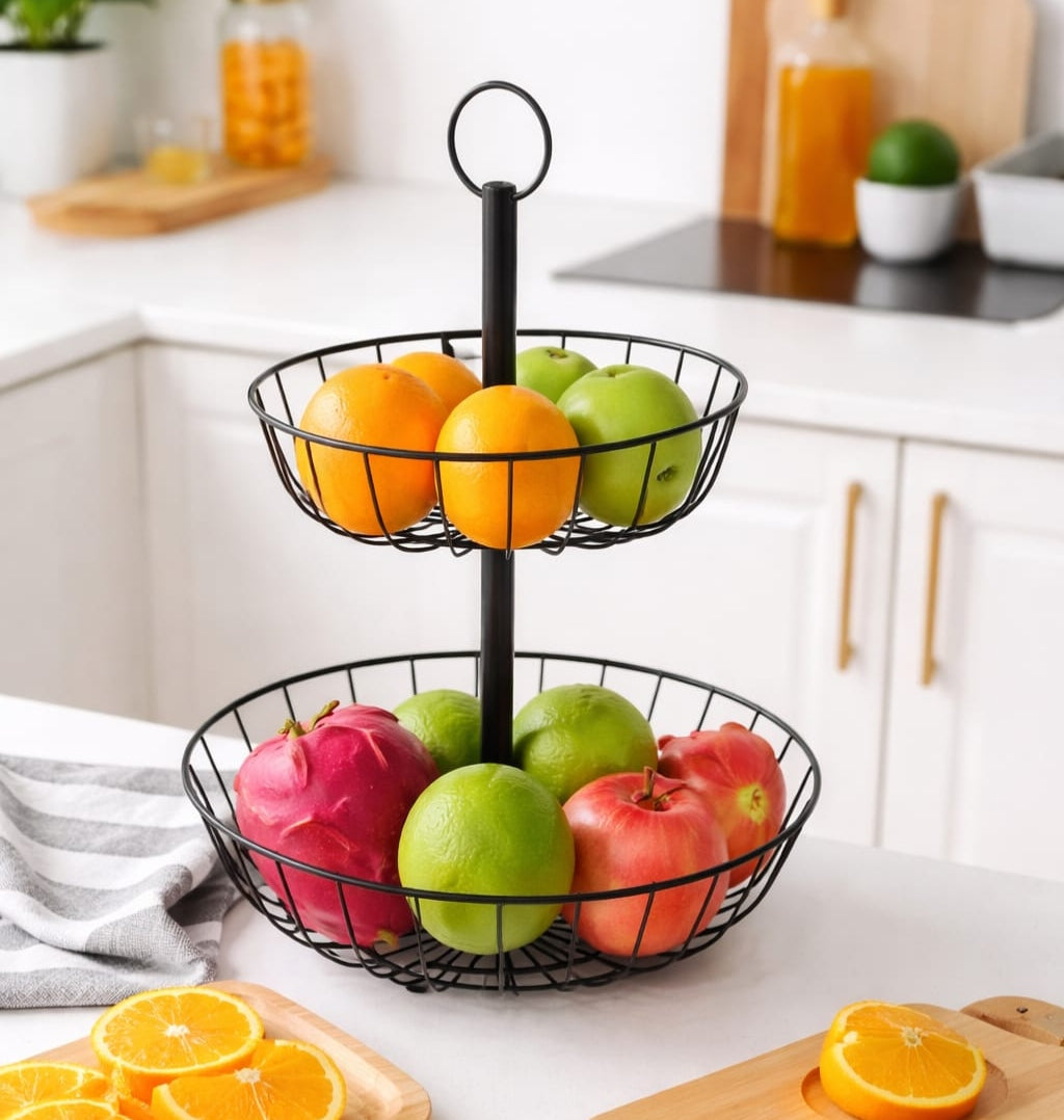 2 tier fruit basket holder with banana hanger black detachable countertop organiser for fruits vegetables snacks and kitchen storage.