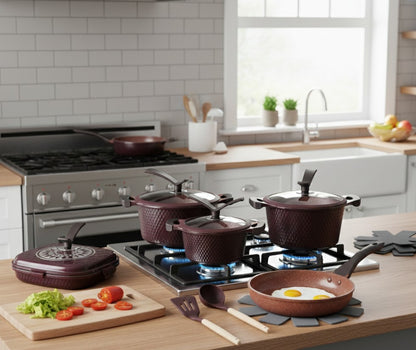 15 piece diamond non-stick cookware set in purple with multi-layer granite technology and food grade silicone handles.
