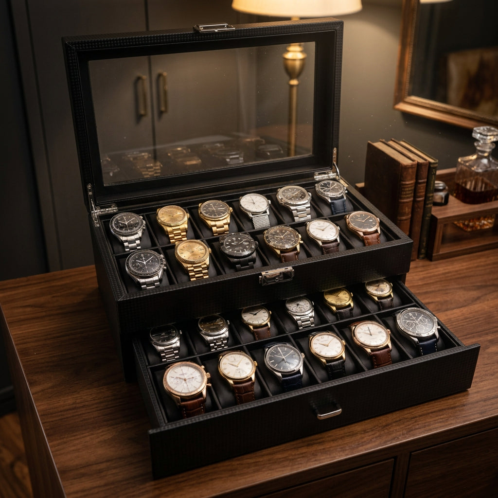 24 Slots Leather Watch Organizer Jewellery Storage Case with Lock