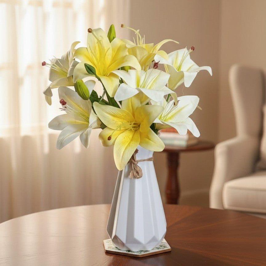 Tiger lilies in a plastic vase, 32cm tall, suitable as a dining table centerpiece
